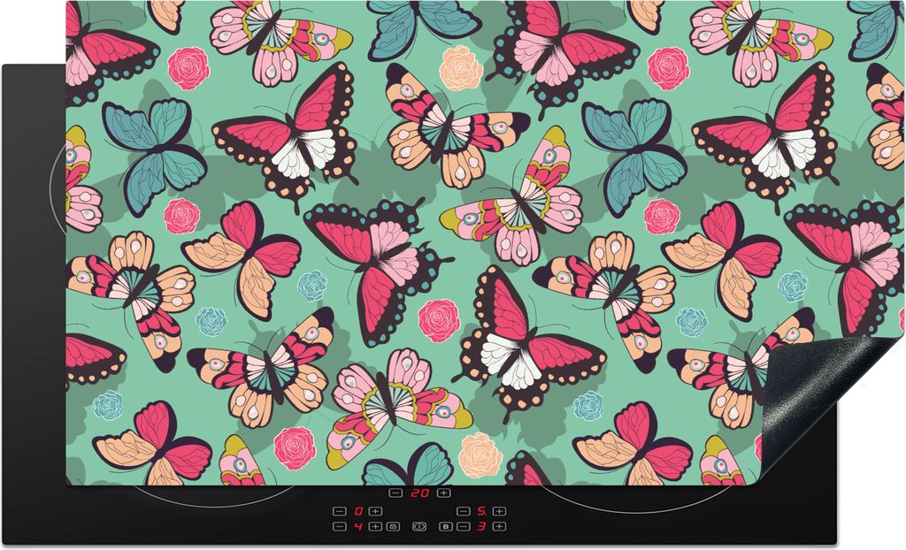 KitchenYeah Herdabdeckplatte Schmetterlinge - Muster - Frühling , 90x52cm, Küche Deko, Glaskeramikkochfeld Herdabdeckung, Abdeckplatte fùr Koc...