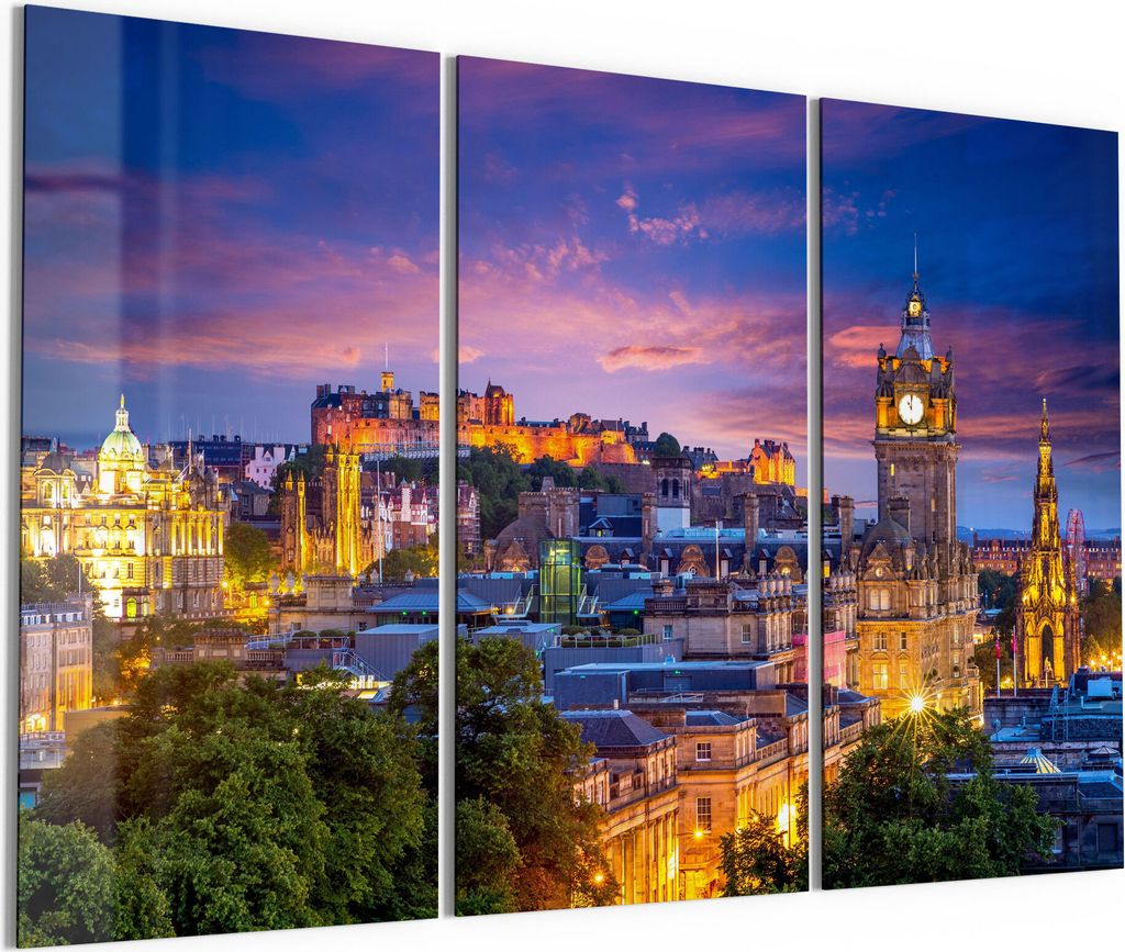 DEQORI Glasbild Echtglas 3x50x100 cm 'Calton Hill am Abend' Wandbilder XXL groß