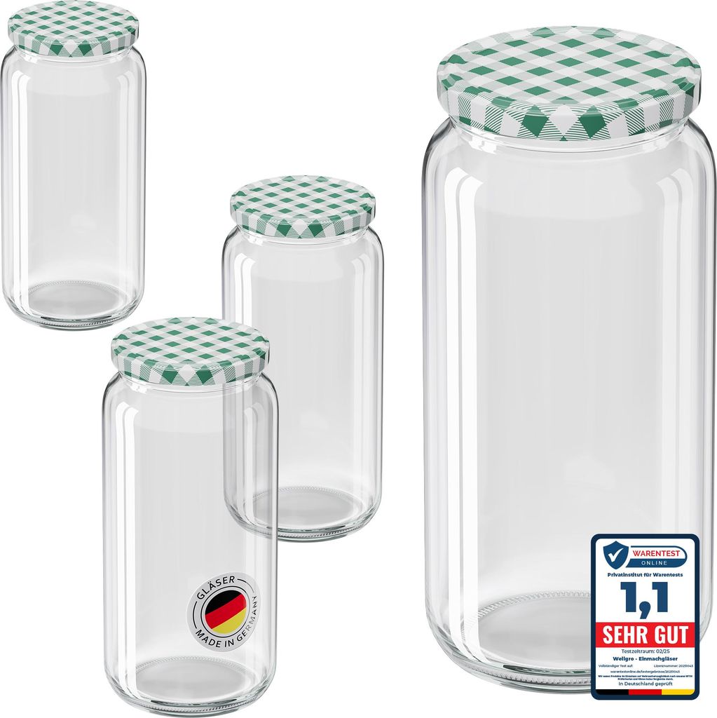 12x WELLGRO Einmachgläser 1045ml Schraubdeckel TO82 grün kariert
