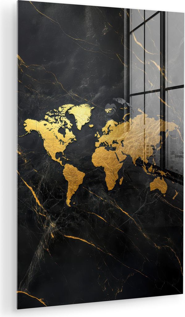 MuchoWow Glasbilder - Bilder auf Wandbild - Foto auf Glas Weltkarte - Gold - Marmor 60x90 cm Wanddekoration aus Glas - Acrylglasbild - Acrylbilder ...