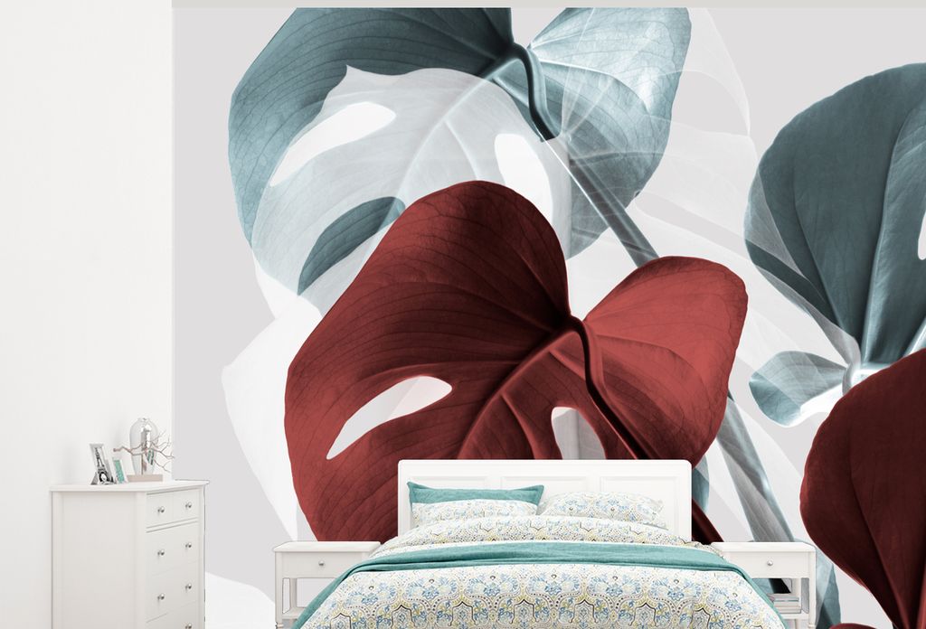MuchoWow Fototapete für Wohnzimmer oder Schlafzimmer Wandtapete Vinyl Motivtapete Monstera - Rot - Pastell - Stilleben - 300x240 cm - Fototapeten