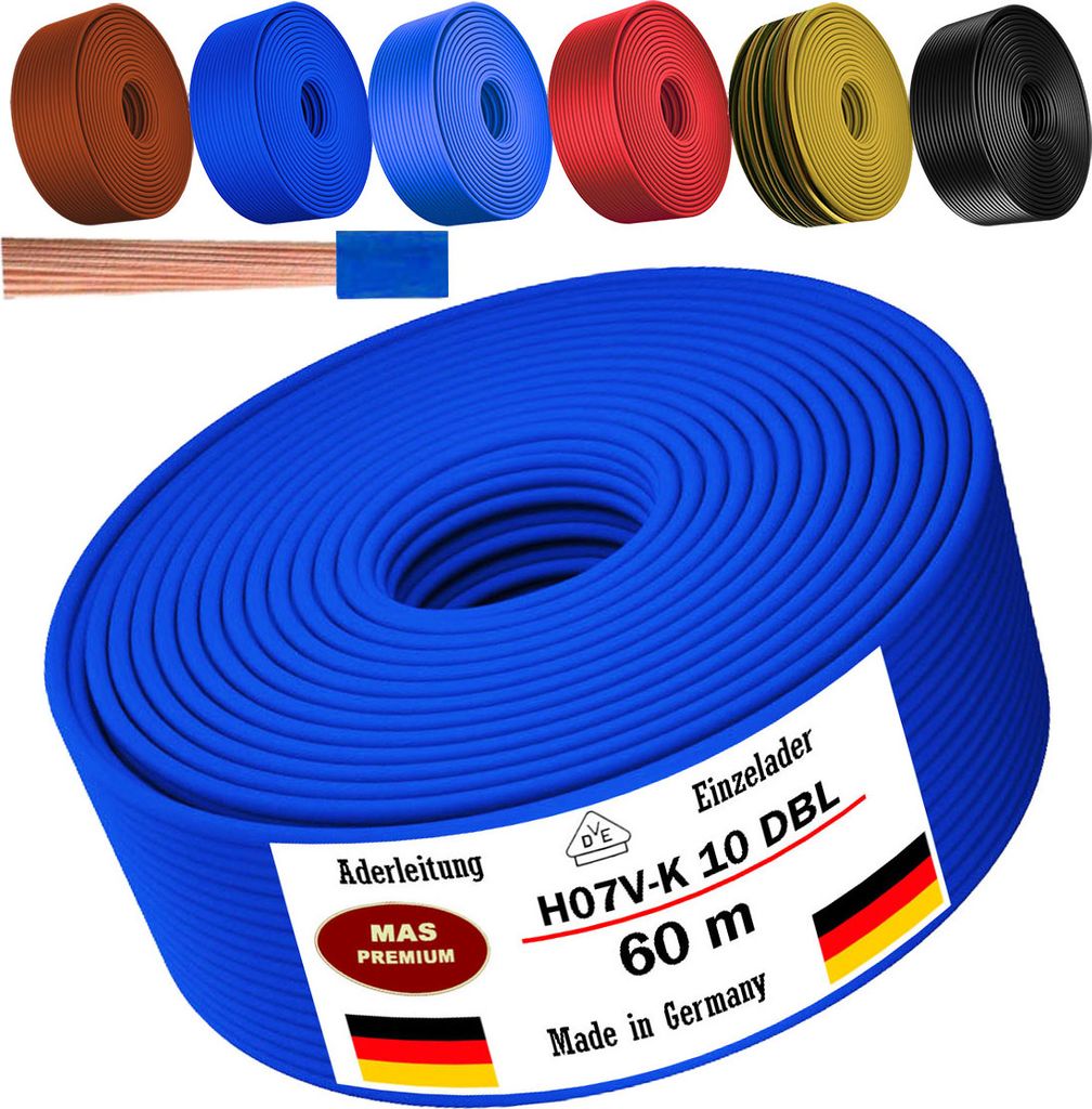 60m Aderleitung H07 V-K DBL 1x10 mm² Dunkelblau Einzelader flexibel