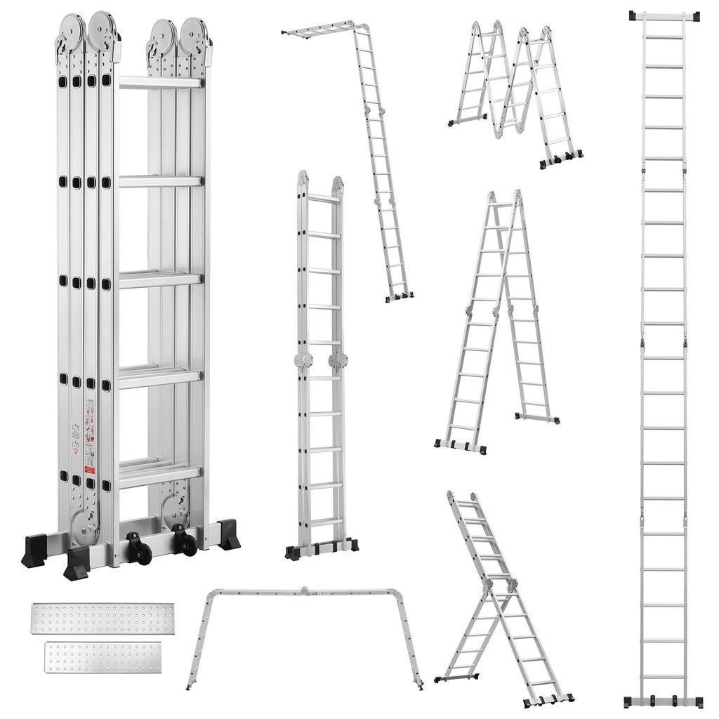 TEENO 7-in-1-Teleskopleiter, umwandelbare Leiter, 5,8 m, 2 dicke rutschfeste Stufen, Gummifüße, Transportrollen, Tragfähigkeit 150 kg