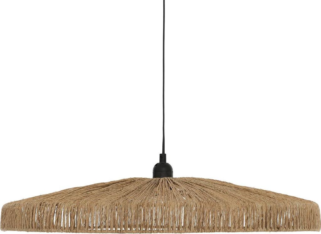 A hanging pendant lamp with a woven jute shade.