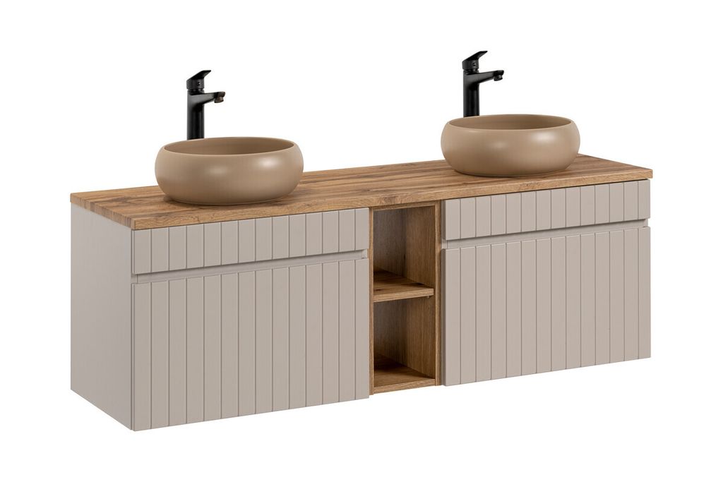 Badmöbel-Set Mit 2 Waschtischunterschrank 60 cm Arbeitsplatte & 2 Aufsatzwaschbecken, Iconic Cashmere I BM40 - Kaschmir Matt/ Evoke Eiche