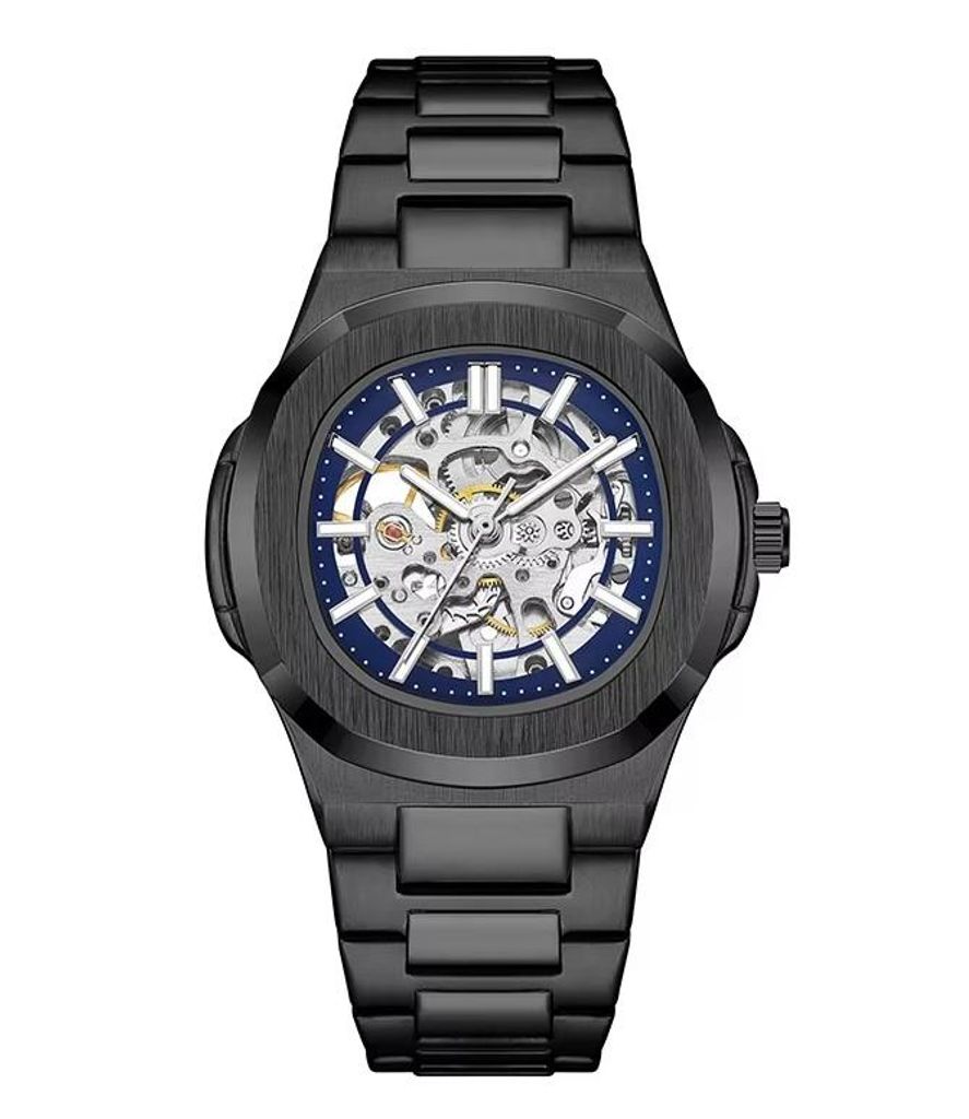 Foksy Skelett Armbanduhr Herren analog mit Automatik Uhrwerk in schwarz/blau, Durchsichtglas am Boden