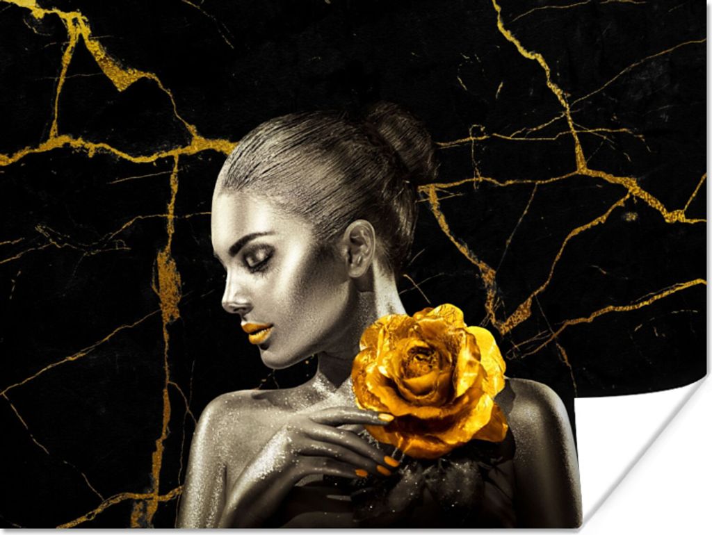 MuchoWow Poster Frauen - Rosen - Gold - Marmor 160x120 cm - Foto Plakat