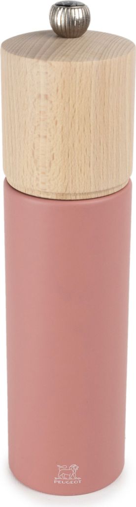 A pink pepper mill with a wooden top and a silver knob.