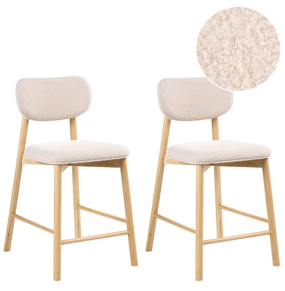 BELIANI Barstuhl 2er Set Dunkelbraun Holz mit Bouclé Sitzfläche u. Rückenlehne Gepolstert Grün Teddyfell Optik mit Fußstütze Retro Thekenstühle