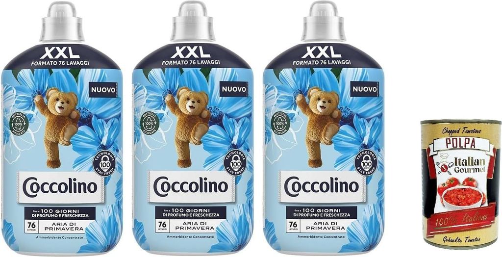 Coccolino XXL Ammorbidente Concentrato Aria di Primavera, Konzentrierter Weichspüler, 76 Wäschen, 3x 1750ml + Italian Gourmet polpa 400g