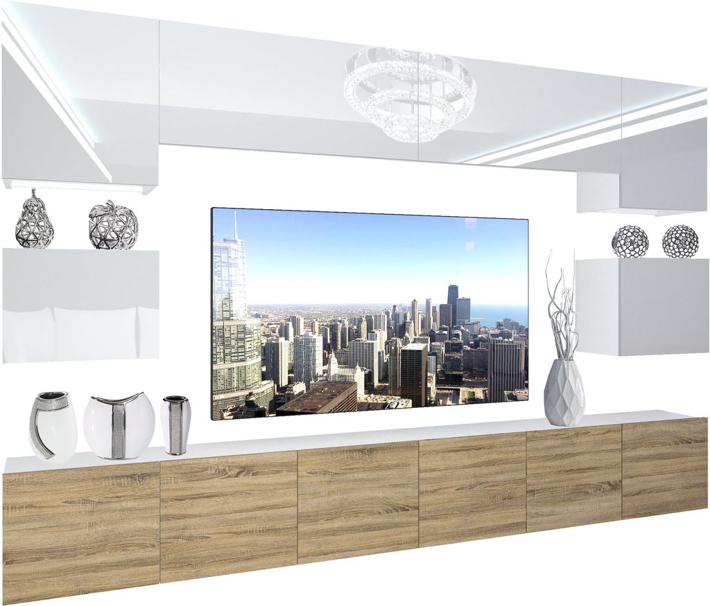 BELINI Wohnwand Vollausstattung Wohnzimmer-Set Moderne Schrankwand mit LED-Beleuchtung Weiß Glänzend Anbauwand TV-Schrank Weiß / Sonoma Eiche Gl...
