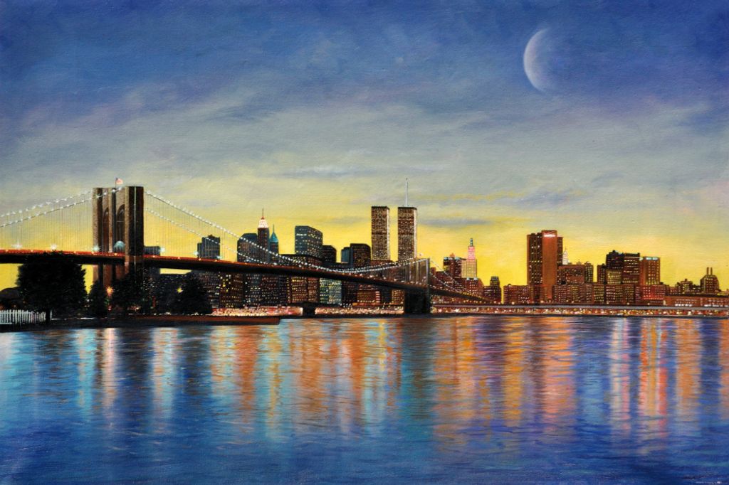 New York Kunstdruck Bild - Brooklyn Bridge Bei Morgenröte Mit Skyline (80 x 120 cm)