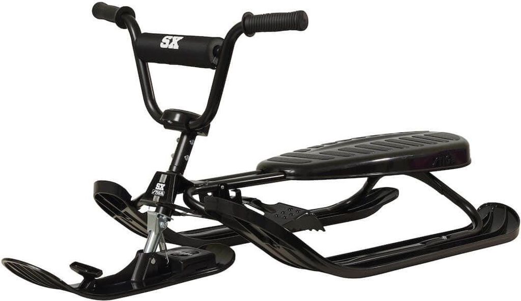 A black snow racer with handlebars and a seat, shown against a white background.
