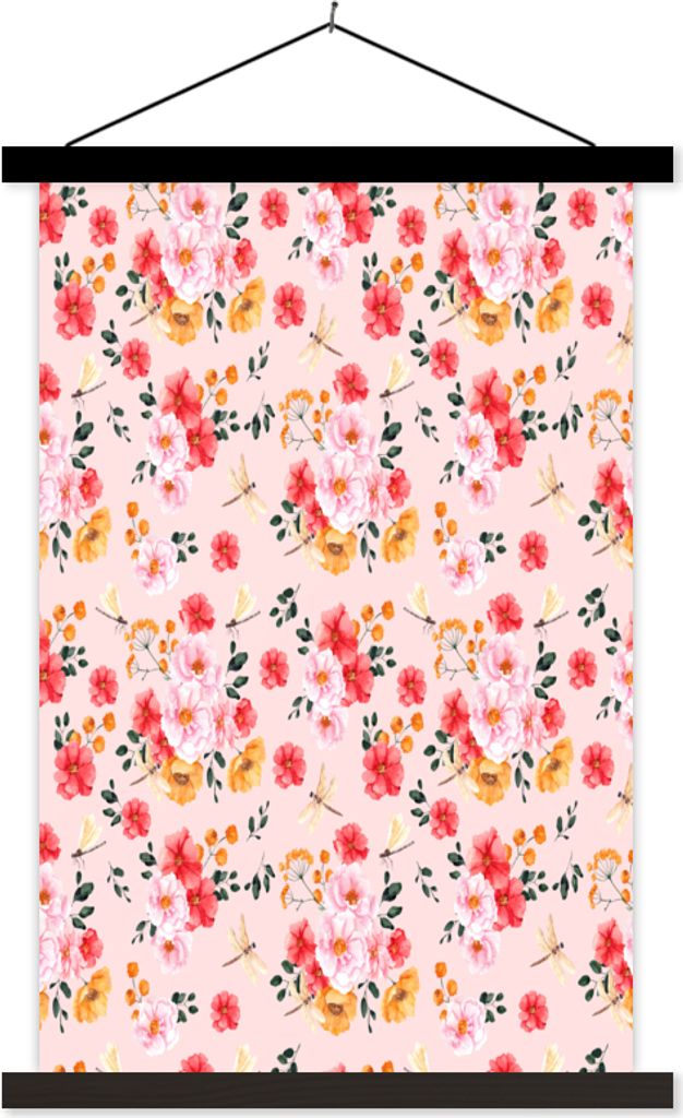 MuchoWow Textilposter Blumen - Rosen - Muster 60x90 cm mit schwarzem Rahmen - Poster Wohnzimmer