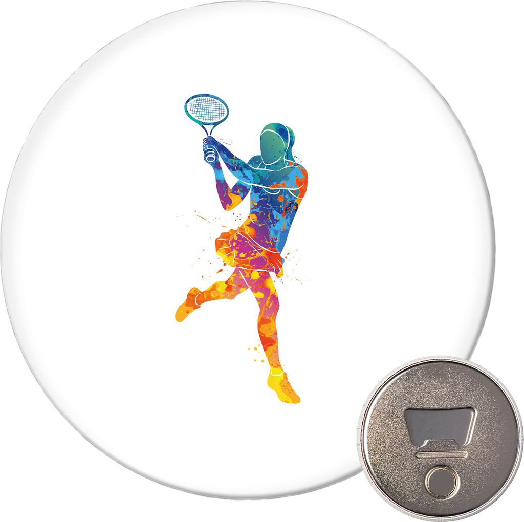 Huuraa Magnet Tennis Spielerin bunte Silhouette 59mm Kühlschrankmagnet rund Flaschenöffner Geschenkidee