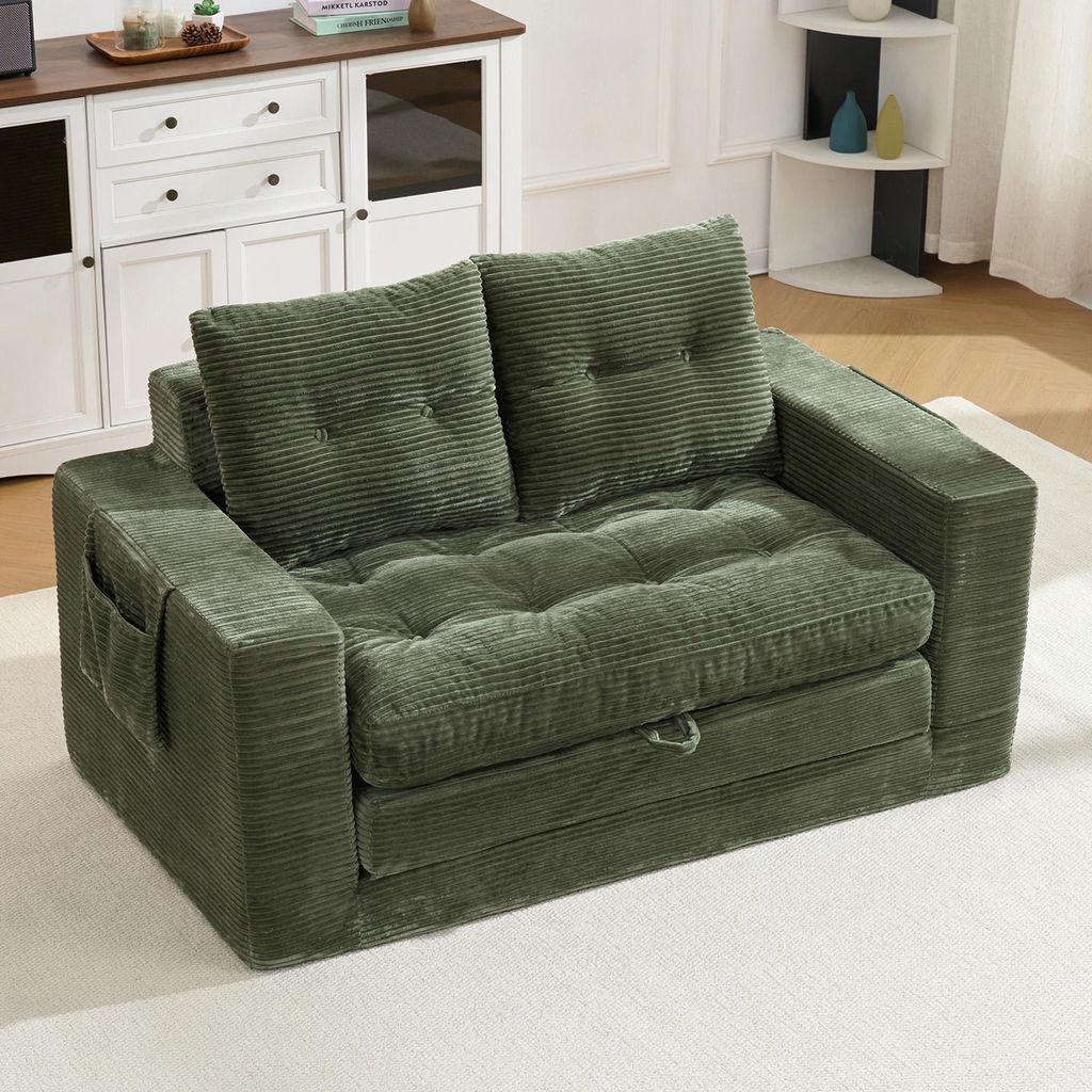 MODFU Zweisitzer Klappsofa mit Ausziehfunktion,Relaxsofa mit Sitz- und Rückenbereich,Schlafsofa für Schlafzimmer und Büro,Cord,Grün