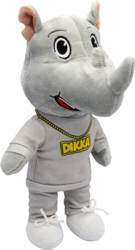 A plush toy rhino standing on a white background.
