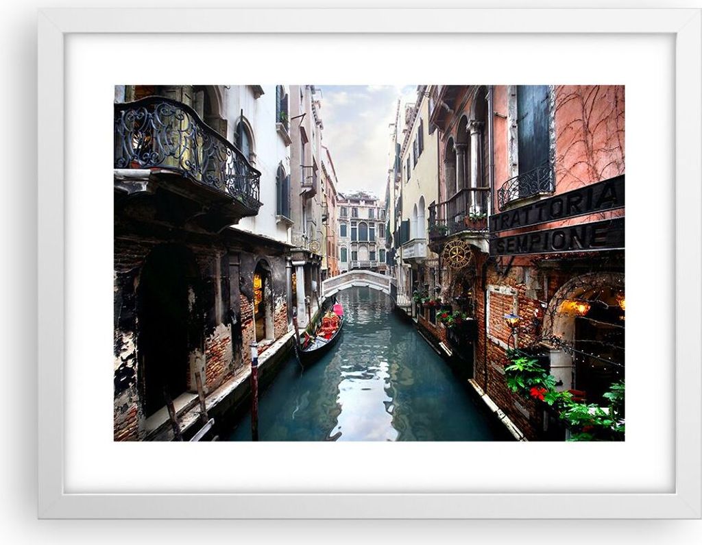 Gerahmtes Poster - Weißer Rahmen - Boot Brücke Tourismus Venedig - 40x30 cm - Wand Bild - Wanddeko - Wandbilder - Wandposter - Bilderrahmen - Bil...