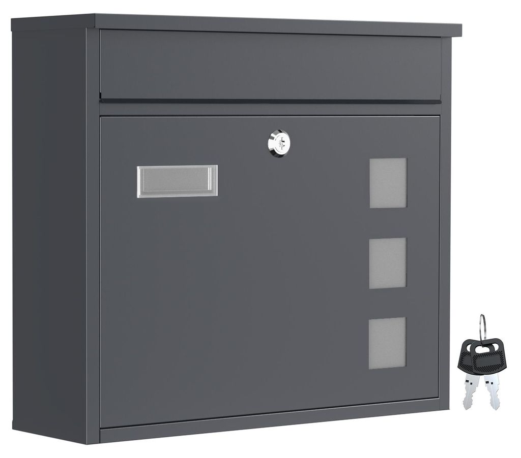 Wiltec Briefkasten V12 Anthrazit 360 x 115 x 320 mm, Wandbriefkasten mit Schloss, Sichtfenstern und Namensschild, Postkasten aus Stahl galvanisiert