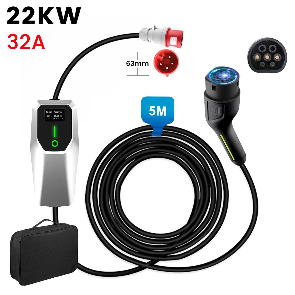 JUNSUN Typ 2 Ladekabel CEE32A-Stecker 22kW[3-phasig, 5m, 6-32A], EV Ladegerät mit Steuerbarer Digitalanzeige für Elektroauto