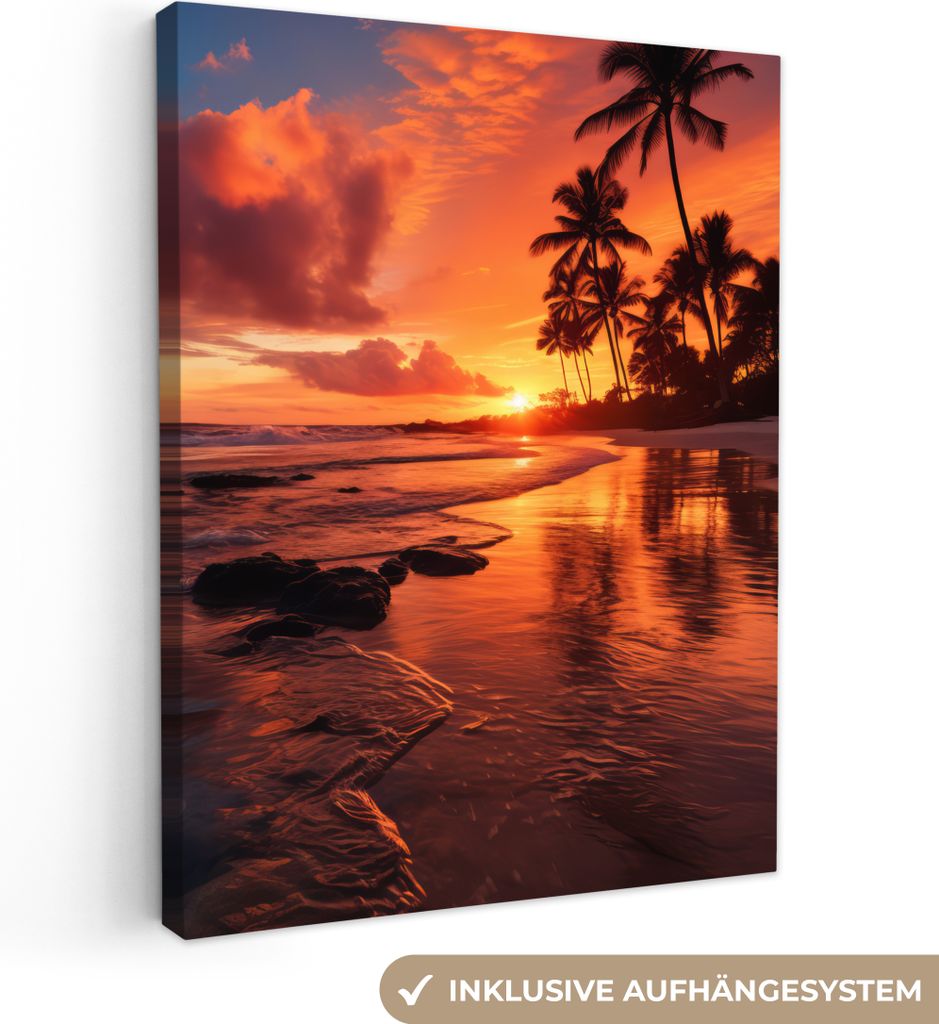 MuchoWow - Leinwandbilder - Sonnenuntergang - Palmen - Strand - Meer - Horizont, Wandbild, Wanddeko Bilder Wohnzimmer, 90x120 cm
