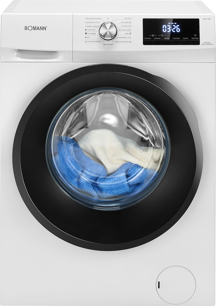 A front view of a white washing machine with a black drum, showing laundry inside.