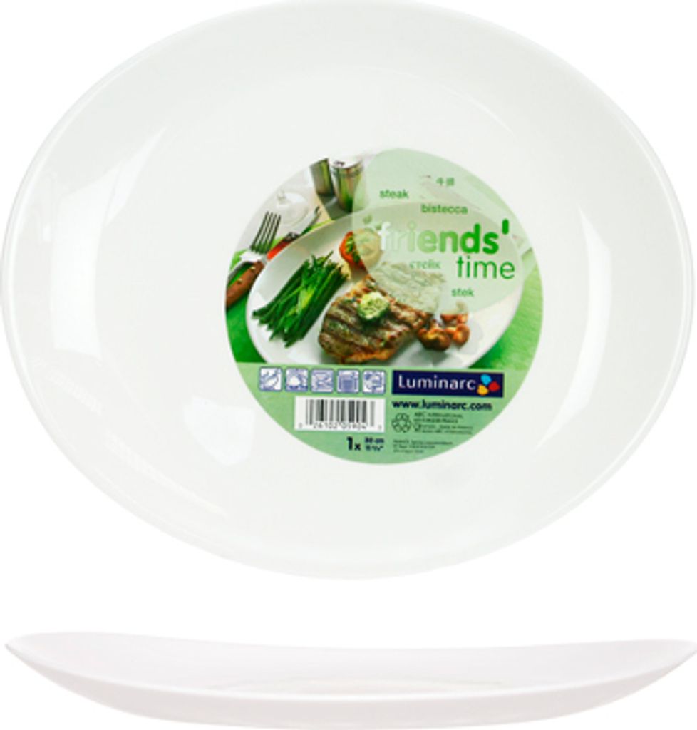 A white Luminarc plate with a sticker showing a steak meal.