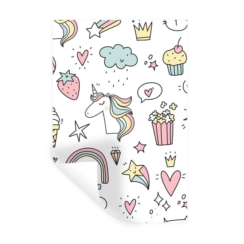 MuchoWow Wandtattoo Wandsticker Wandaufkleber Schnittmuster - Einhorn - Kinder - Mädchen - Regenbogen - Pastell 40x60 cm Selbstklebend und Repos...