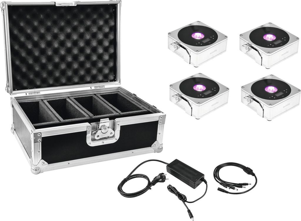 EUROLITE Set 4x AKKU IP Flat Light 1 chrom + Case + Ladegerät