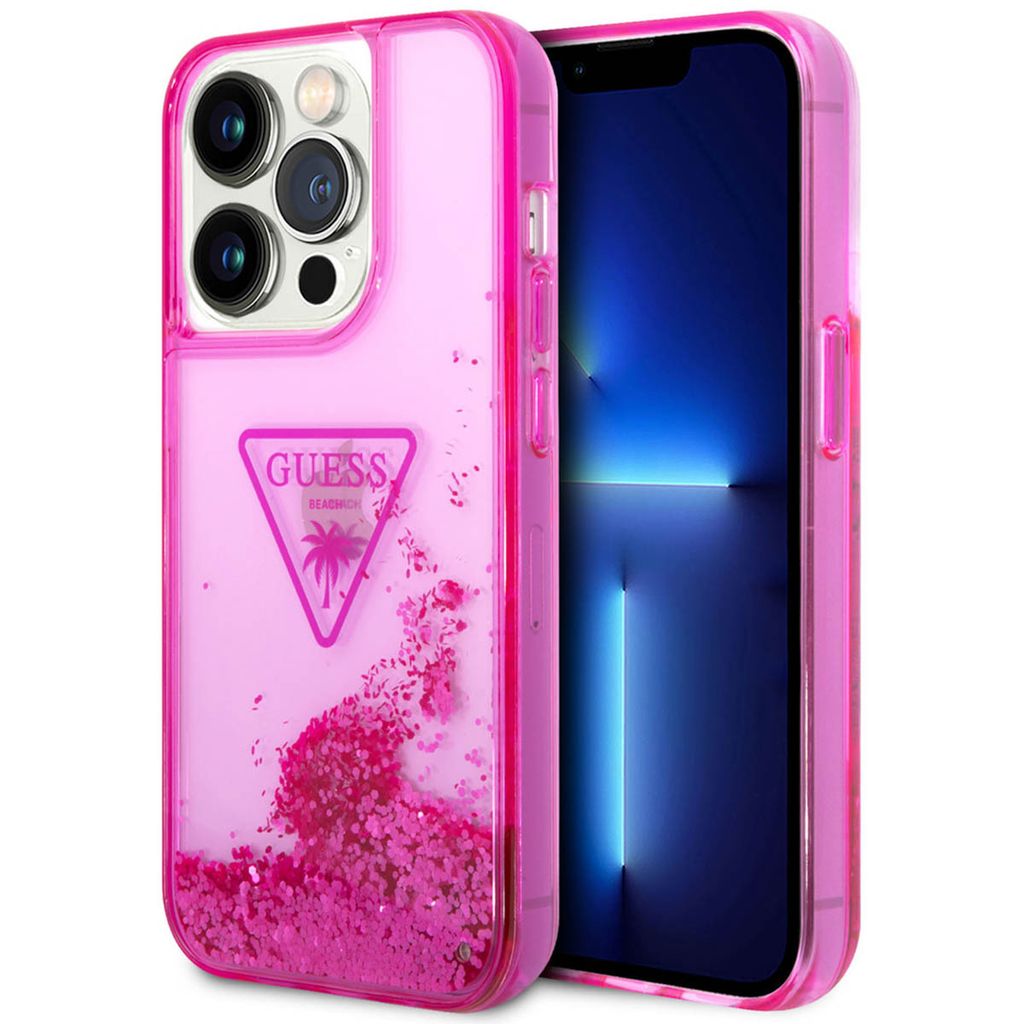 Guess iPhone 14 Pro Hardcase Backcover - Liquid Glitter - Translucent - Fuchsia