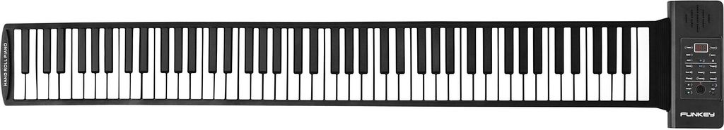 A top-down view of a black roll-up piano with white keys, laid out flat on a white background. The right end of the piano has a control panel with buttons and a small screen.
