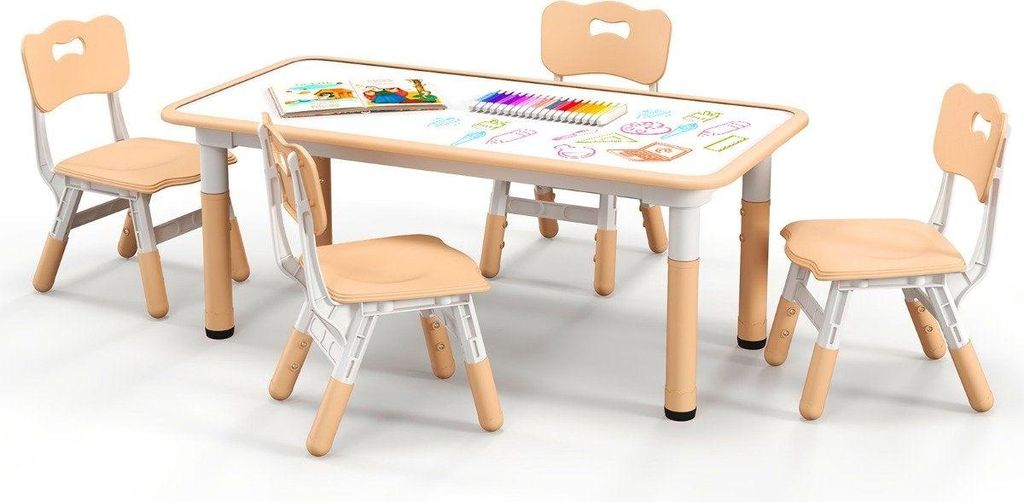 Kindertisch mit 4 Stühlen Set mit Graffiti-Tischplatte Höhenverstellbare Kindersitzgruppe Natur