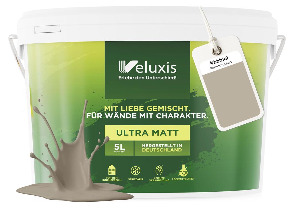 Wandfarbe Beige Grau Creme Matt Innenfarbe – Deckkraft Klasse 1, VOC-frei, Ohne Grundierung, Tropfarm – Wohnzimmer & Schlafzimmer – 5L – Ve...