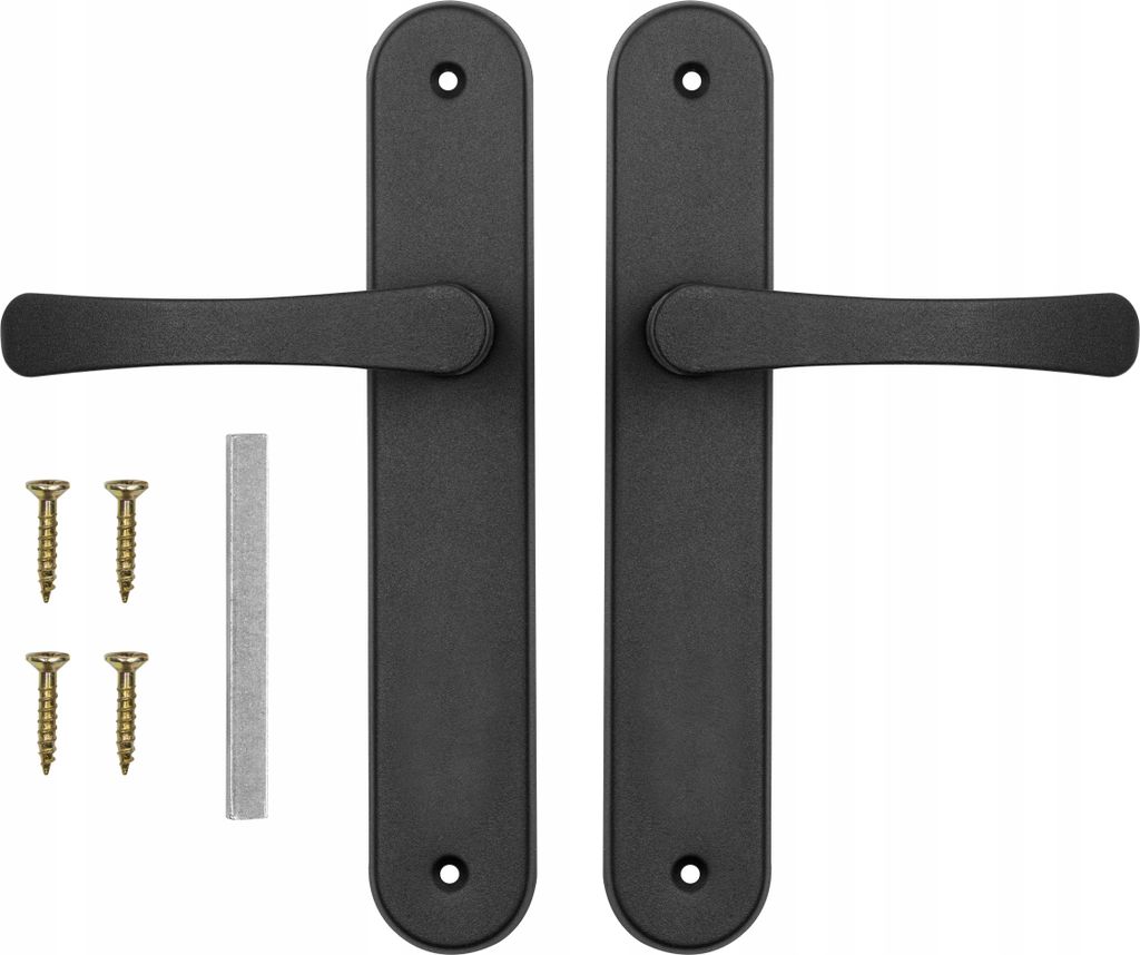 A pair of black door handles with screws and a metal bar on a white background.