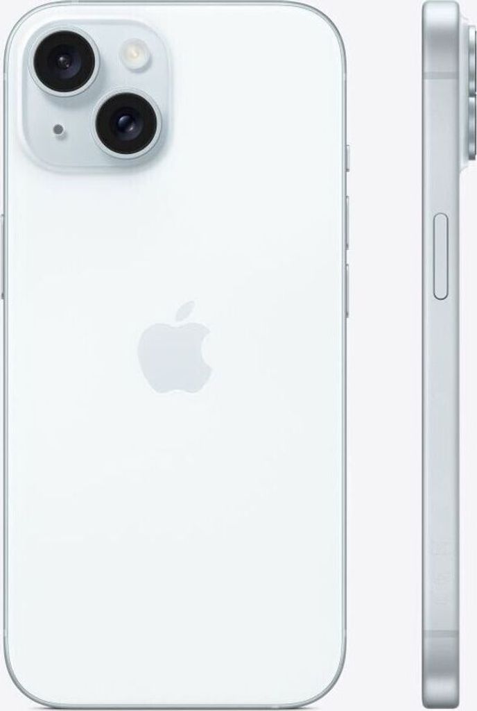 A white iPhone 15 is shown from the back and side view against a white background.