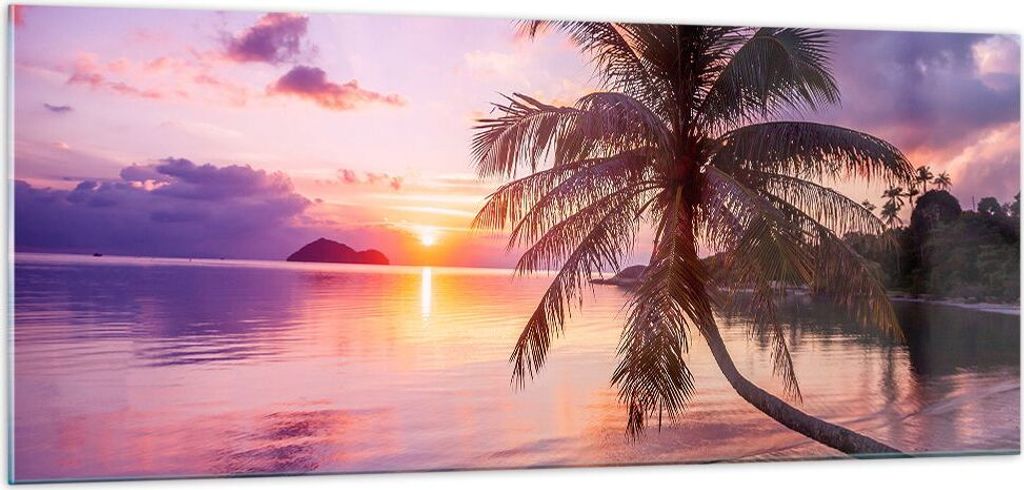 Bilder auf glas - Strand Meer Palme - 100x40cm - Glasbilder - Wandbilder - Kunstdruck - zum Aufhängen bereit - Wanddekoration aus Glas - Glas Bild...