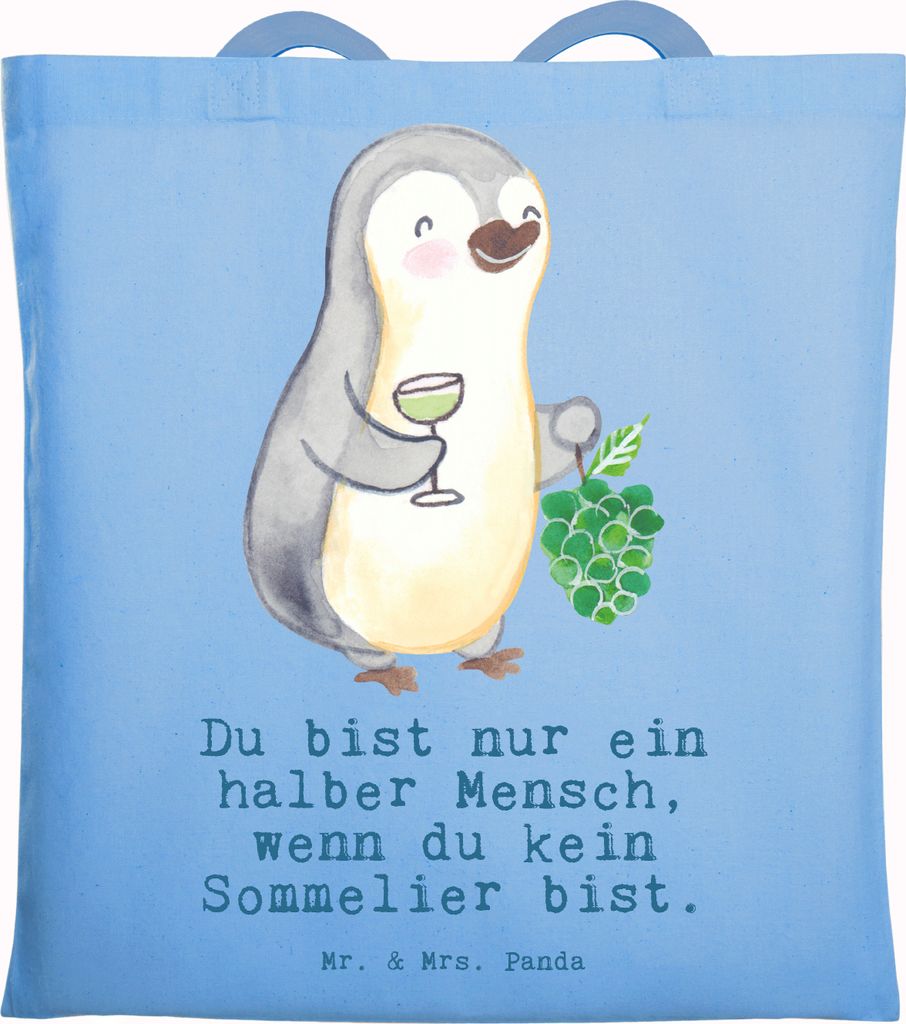 Mr. & Mrs. Panda Tote Bag Sommelier Herz - Sky Blue - Geschenk, Unitasche, Schultasche, Jutebeutel, Tasche, Einkaufstasche