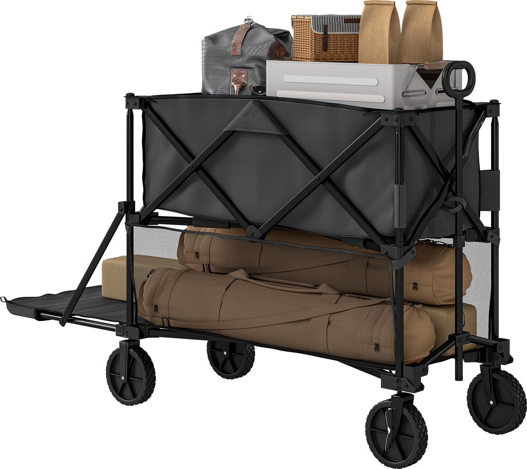 A black collapsible garden wagon loaded with various items, including bags, a basket, and what appear to be rolled-up mats or sleeping bags.