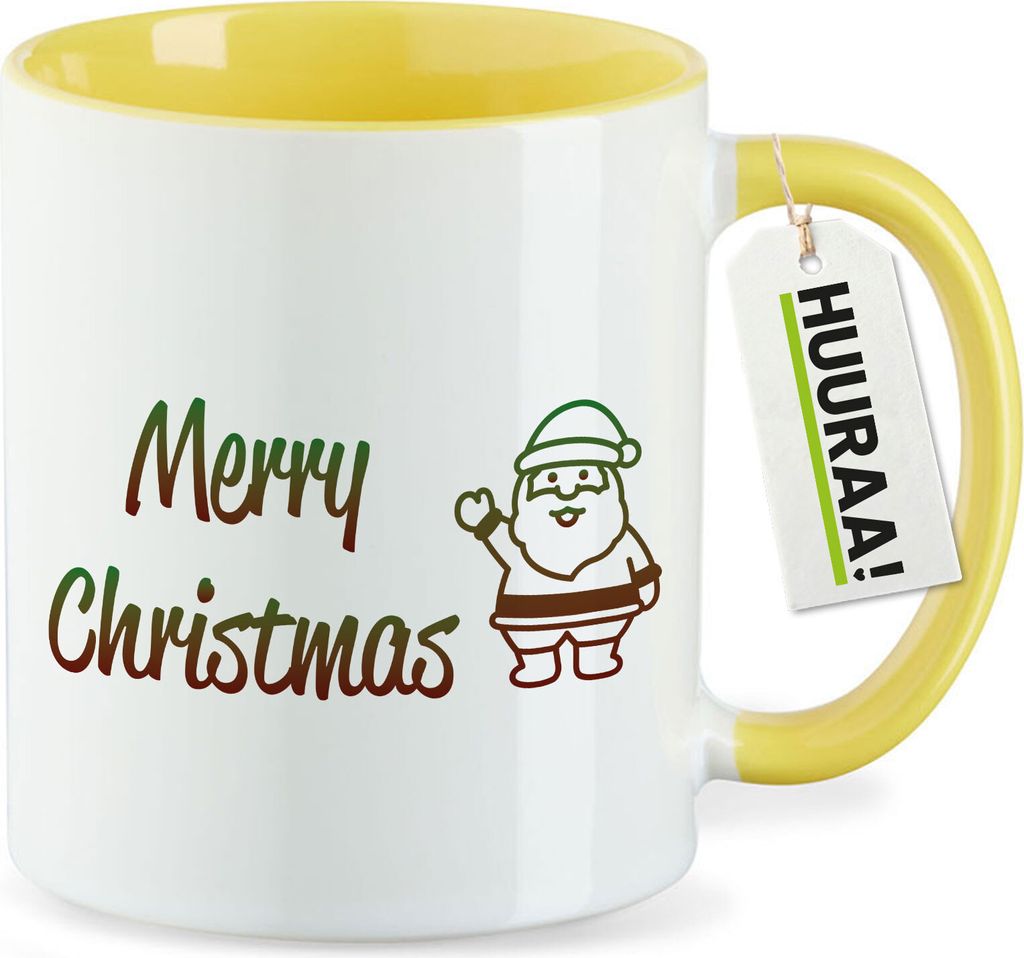 Huuraa Kaffeetasse Merry Christmas Weihnachtsmann 330ml Gelb Keramik Kaffeebecher Geschenkidee