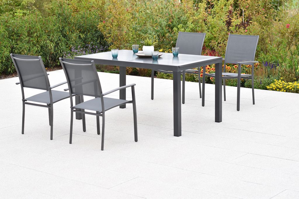 Merxx "Milano" Set 5tlg., 4 Stapelsessel, Ausziehtisch 150 (210) x 90 cm, Tischplatte aus Aluminium, grau, Aluminium/Textil