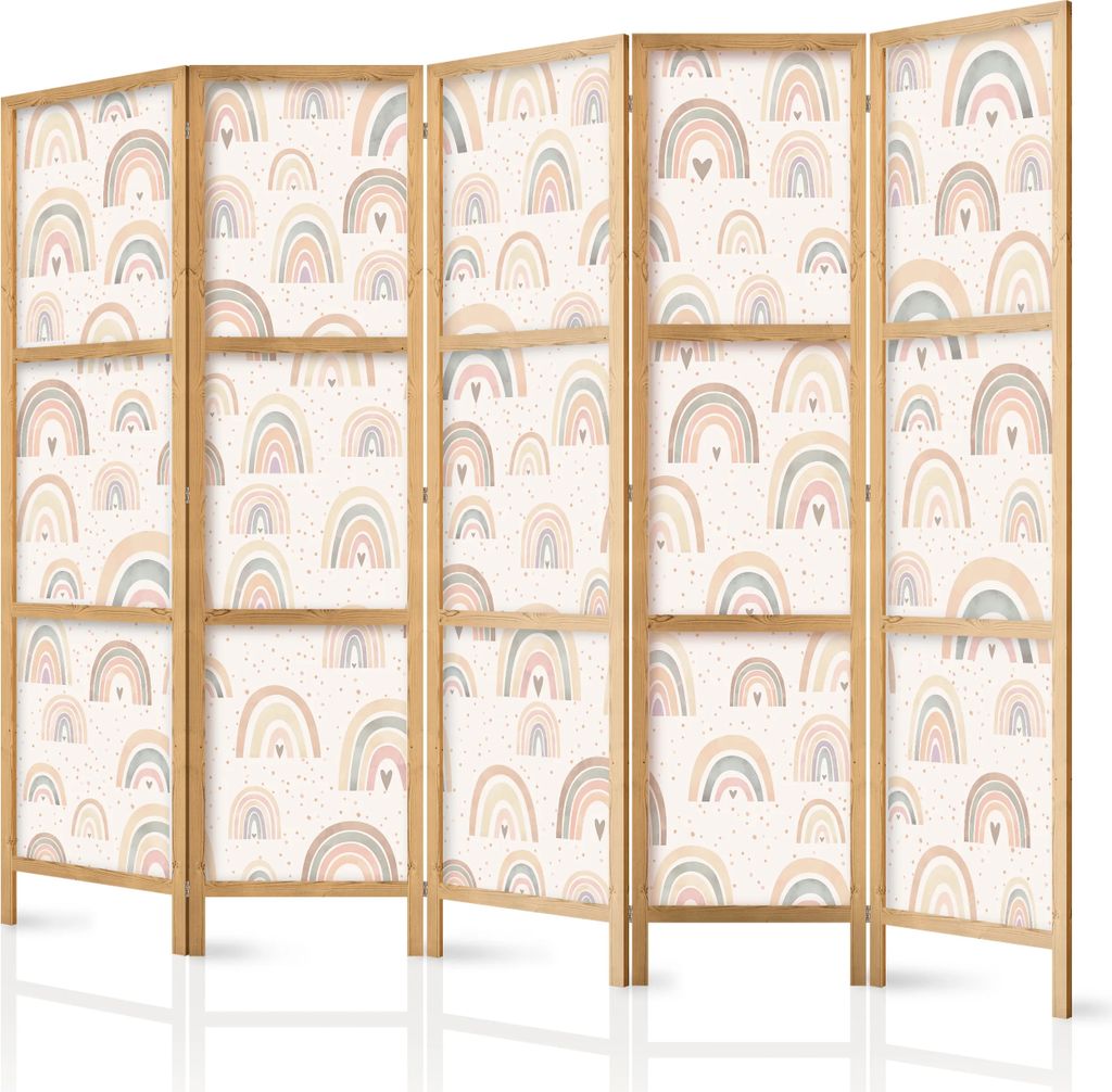 A room divider with a pastel rainbow pattern.