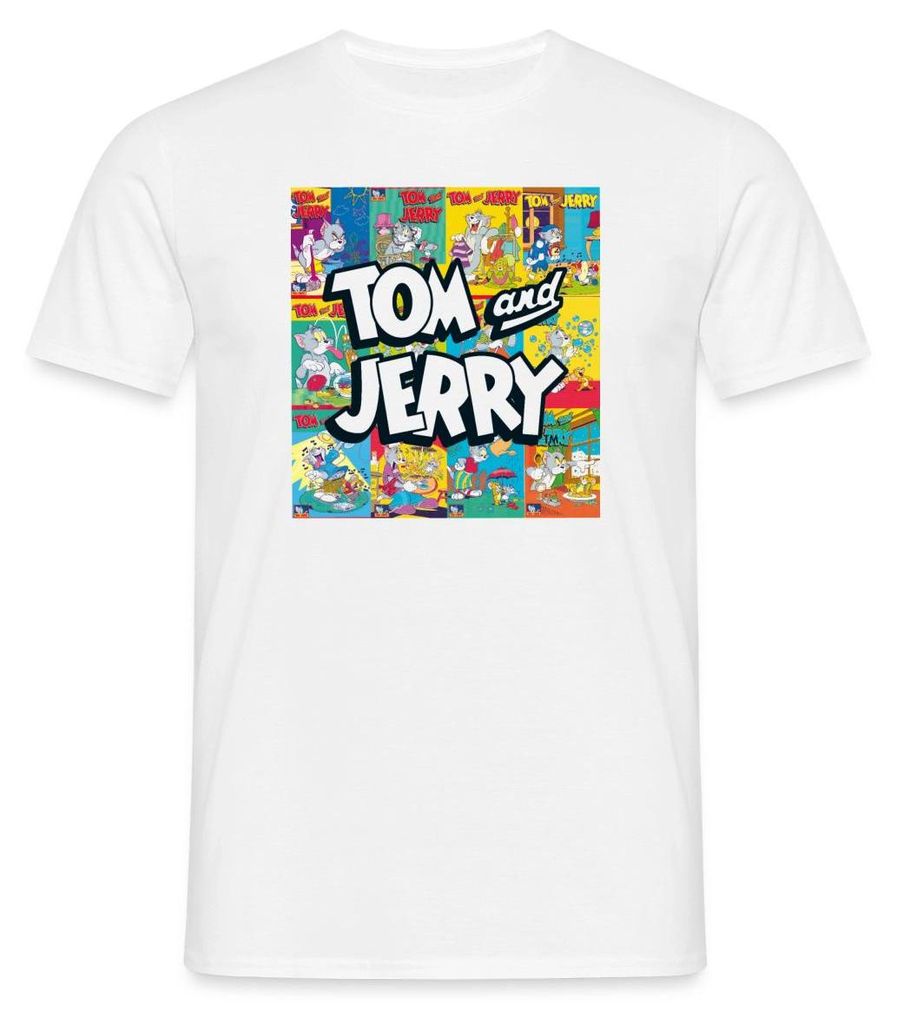 Spreadshirt Tom Und Jerry Logo Mit Vintage-Cover Collage Männer T-Shirt, 4XL, Weiß