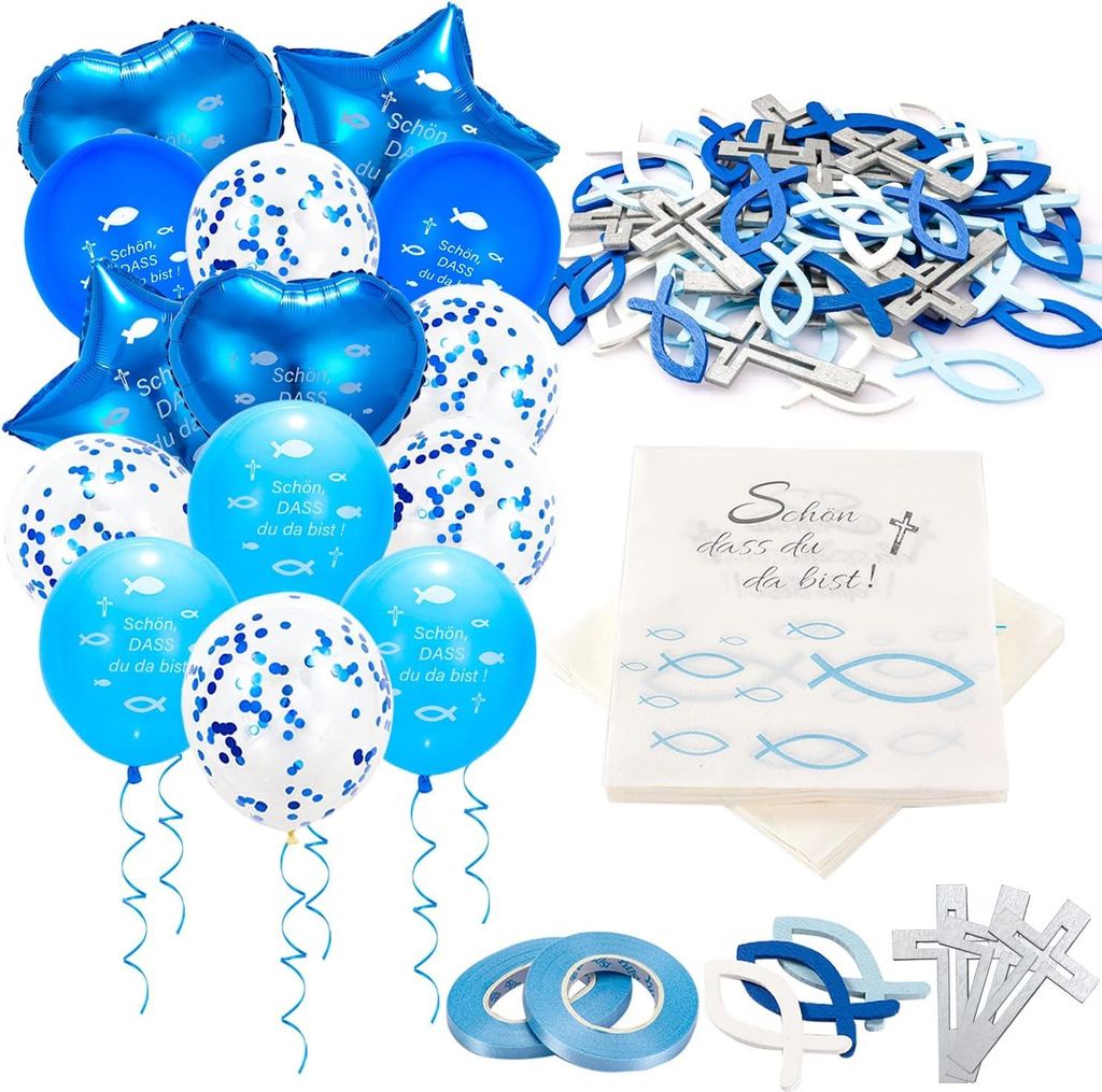 Set Kommunion Dekorationen 60 Holzfische 14 Ballons 40 Servietten