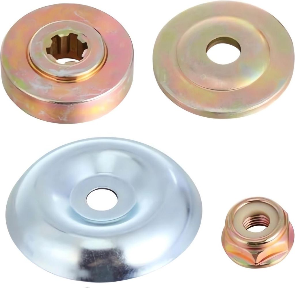 A set of metal parts for a string trimmer, including a blade adapter, a washer, and a nut.