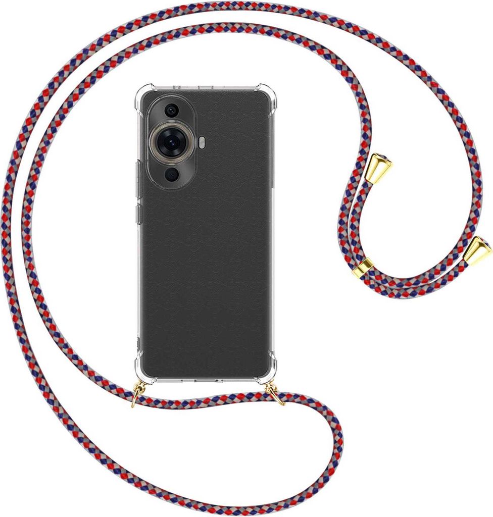 Handykette Backcover-Schutzhülle mit Band (Metall goldfarben) für Huawei nova 11 Pro (GOA-AL80,LX9) - silber/blau/rot