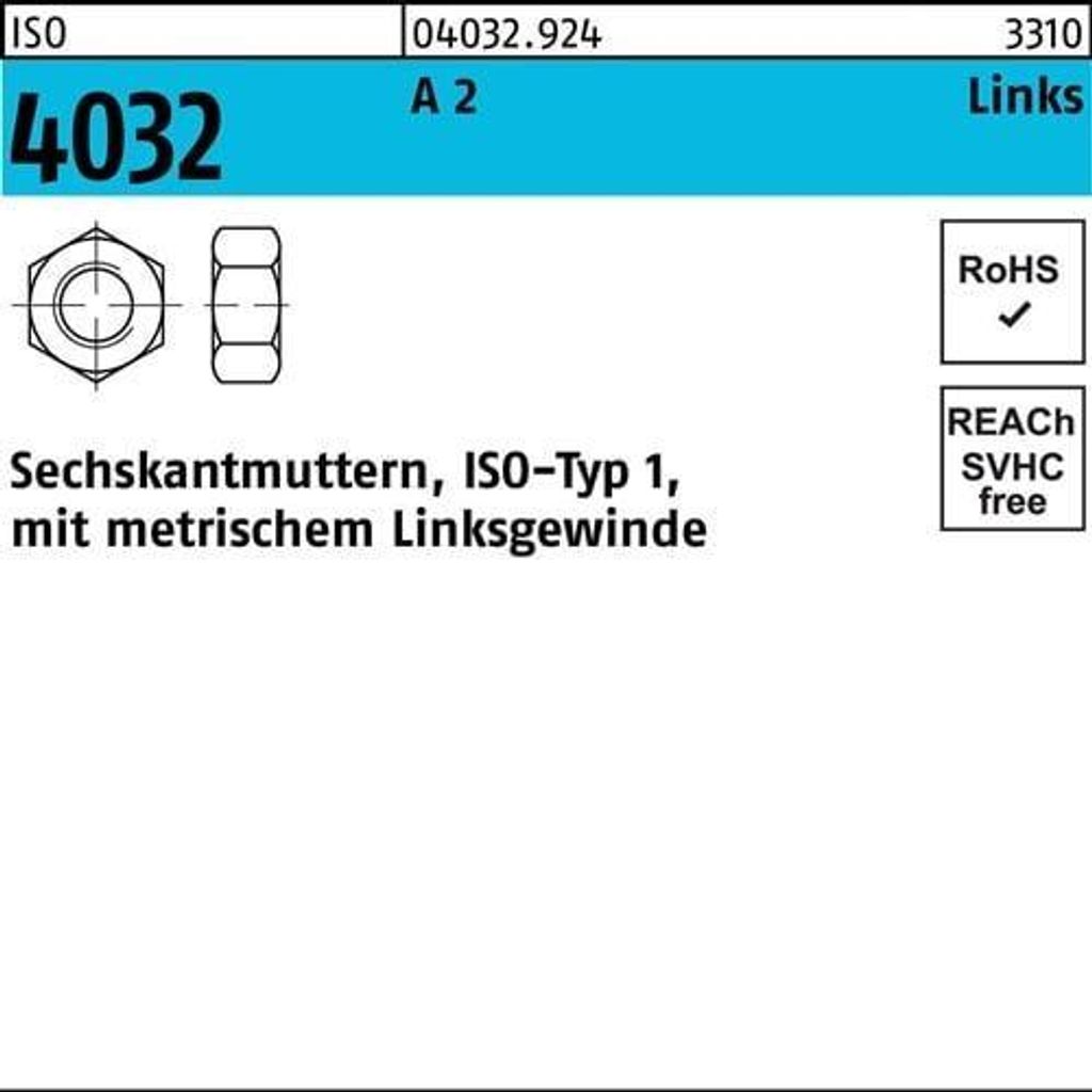 Sechskantmutter ISO 4032 links M 20 A 2