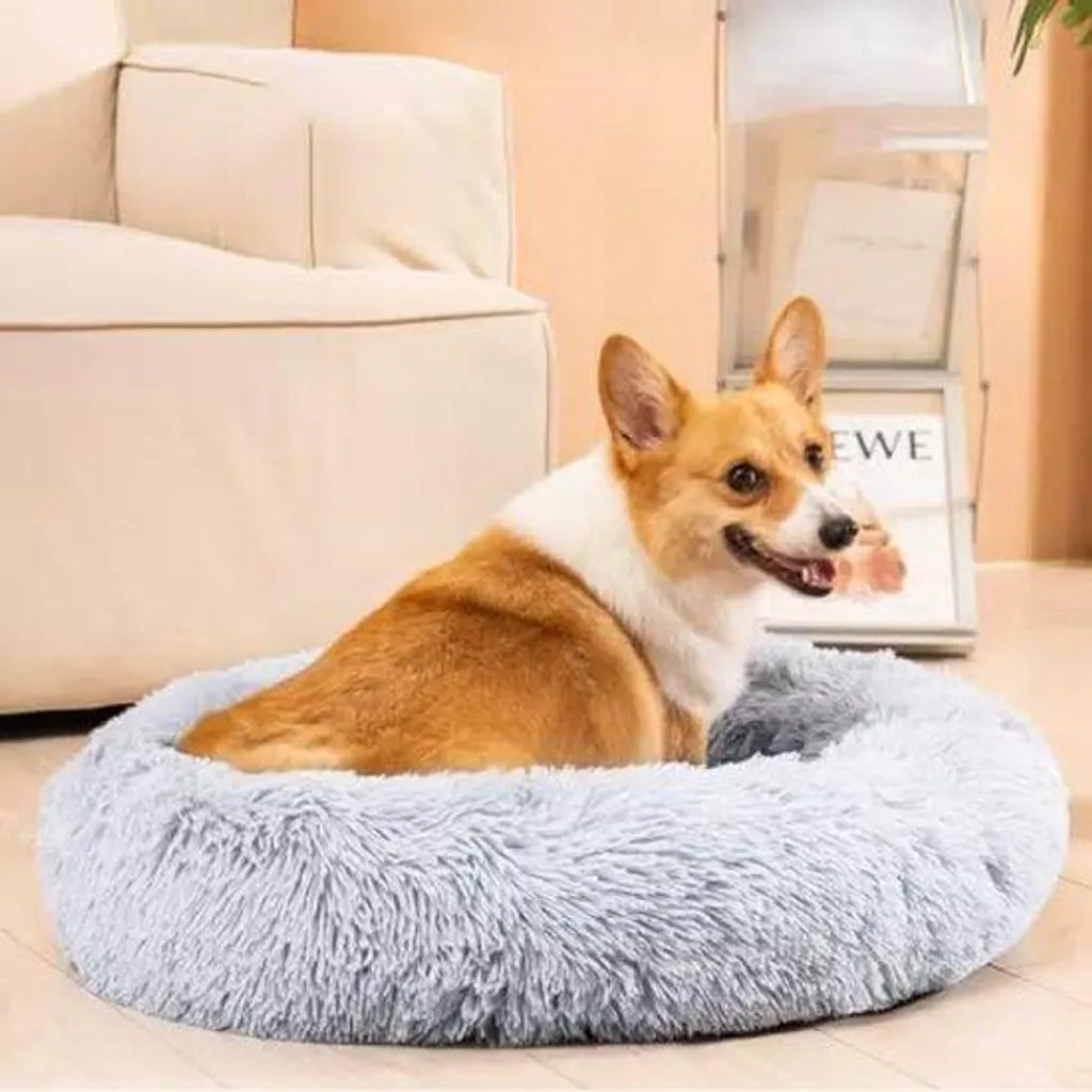 Lit apaisant pour petit chien et chat coussin donut gris 70 x 23 cm