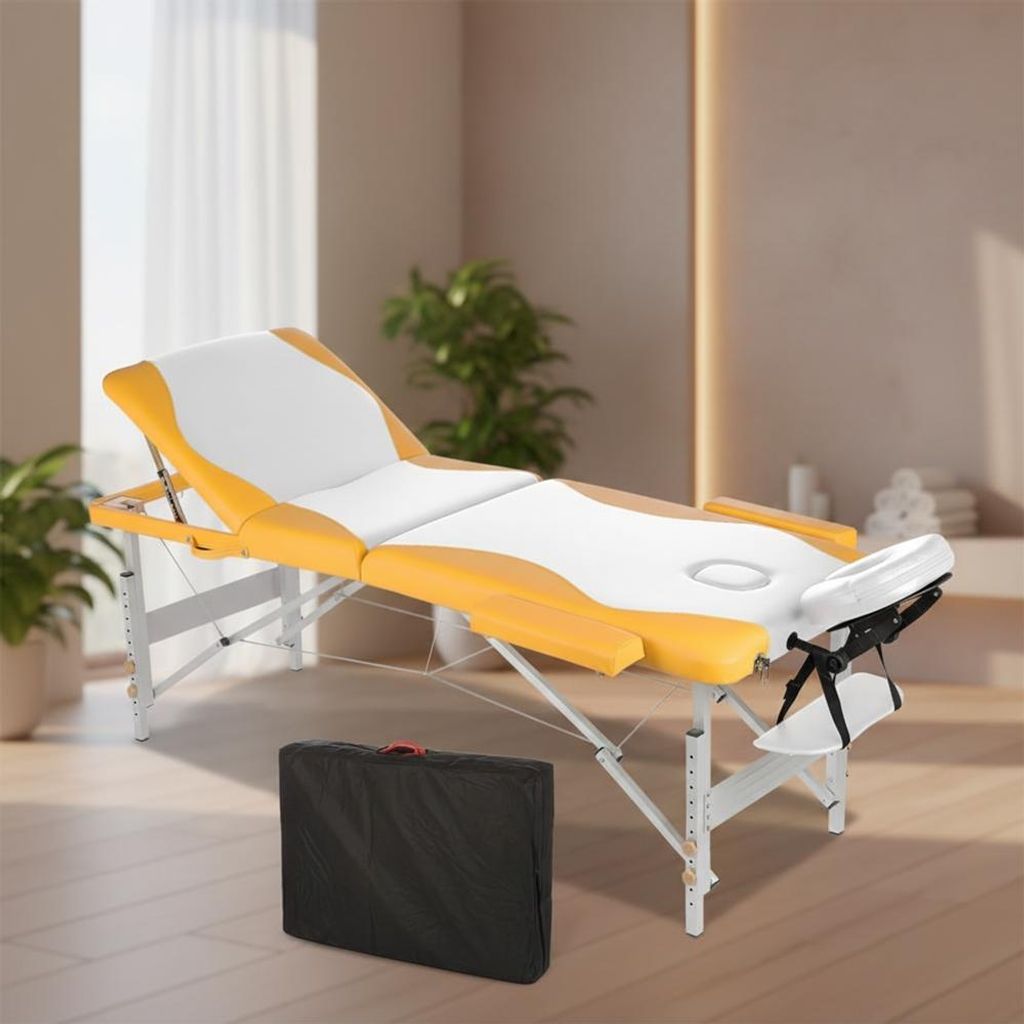 Massageliege 3?Zonen klappbar Alugestell höhenverstellbar Weiß/Orange
