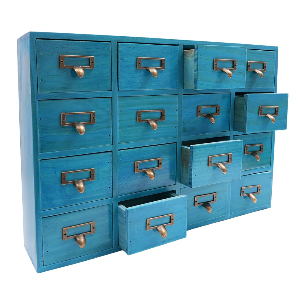 Boîte de rangement bois bleu 16 tiroirs multi-usage format compact - 7