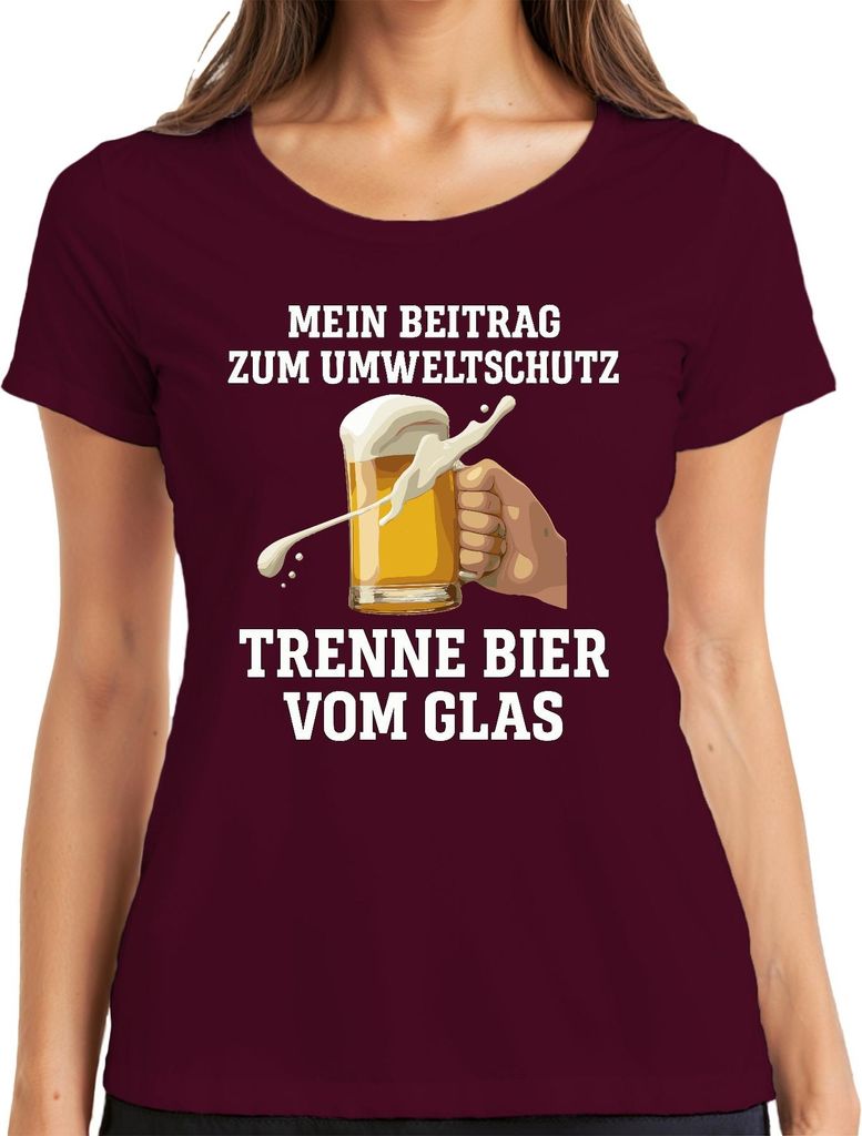 Trenne Bier vom Glas Mein Beitrag Umweltschutz Bierkrug Bierfan Damen T-Shirt, Burgundy, S